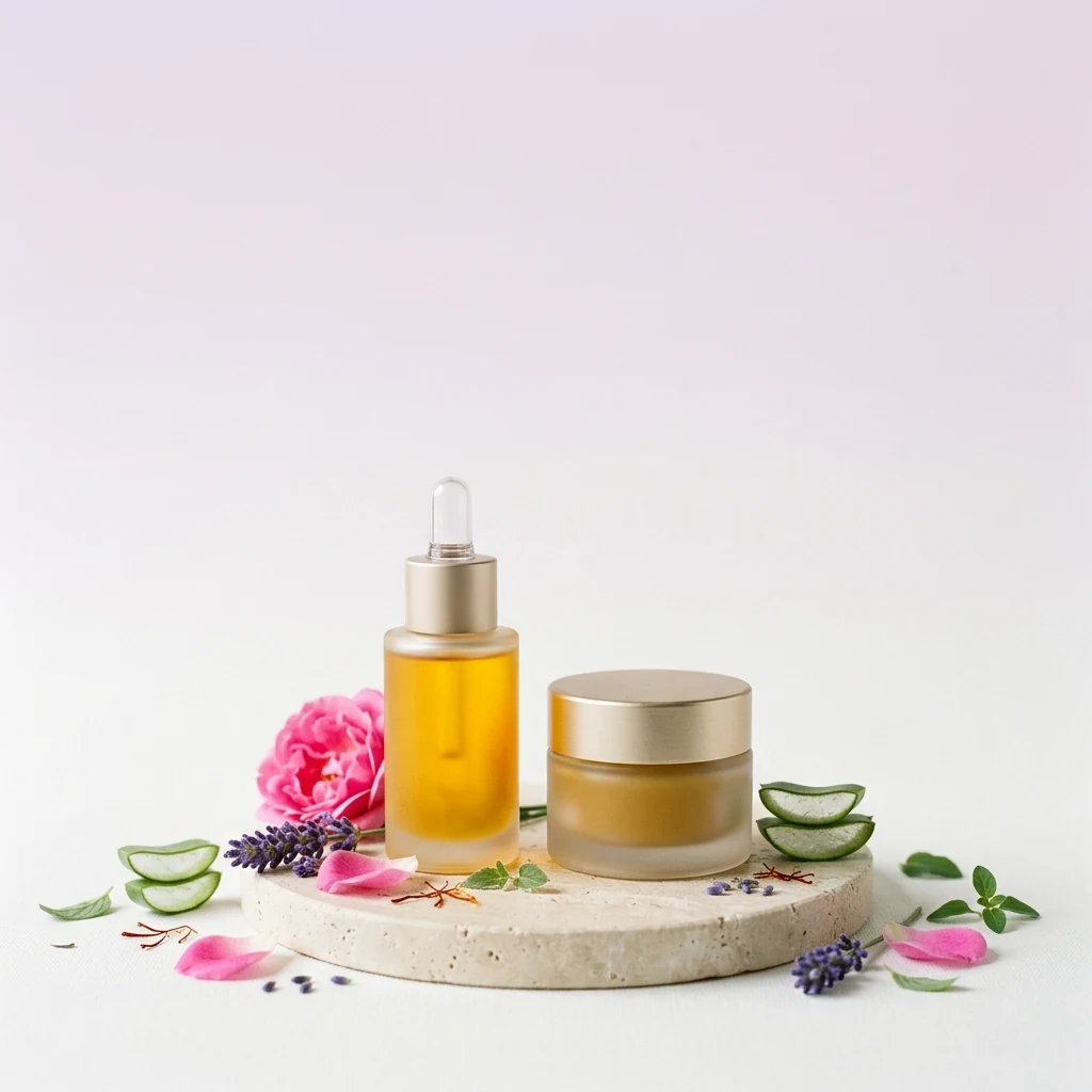 Tusc Herbals botanical skincare flatlay