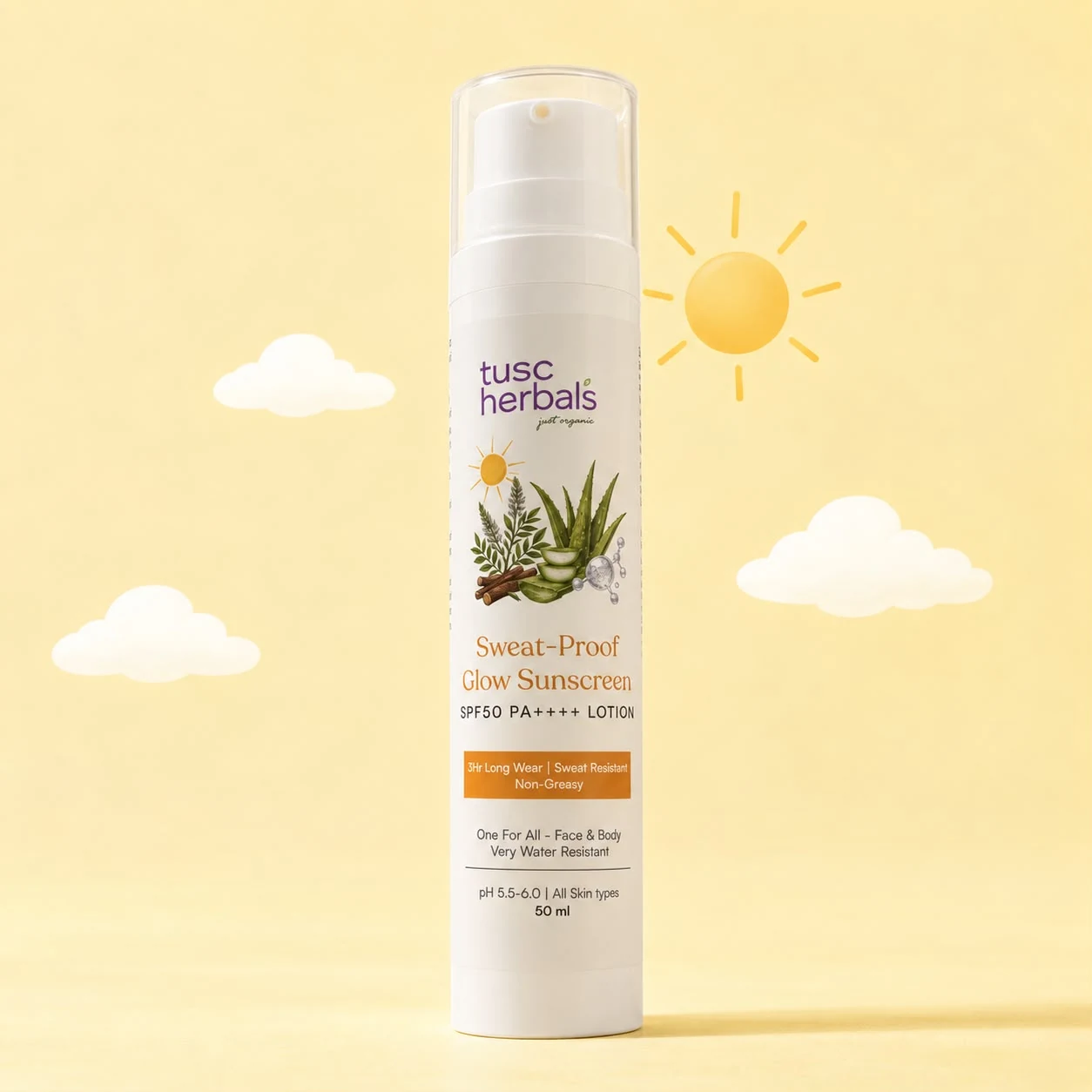 TUSC Herbals Sweat-Proof Glow Sunscreen SPF 50 PA++++ Lotion for face and body 3hr water resistant