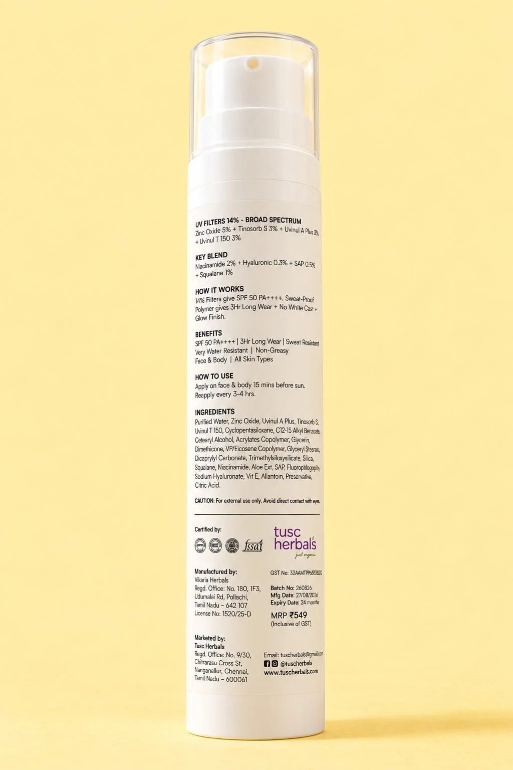 Formula blend of Zinc Oxide, Tinosorb S, Uvinul A Plus, and Niacinamide in TUSC Herbals Sunscreen